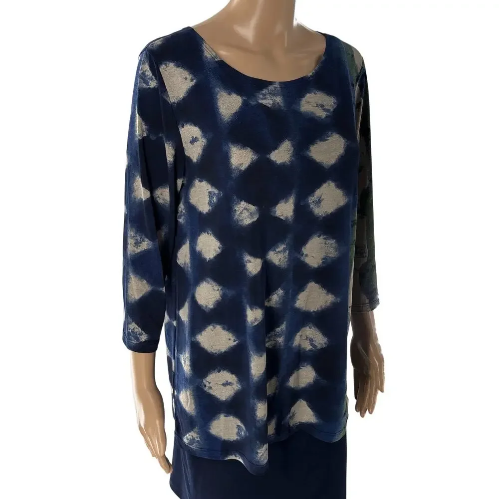 Clara Sunwoo Blue Geometric Patterned Silky Stretch Knit Tunic Top